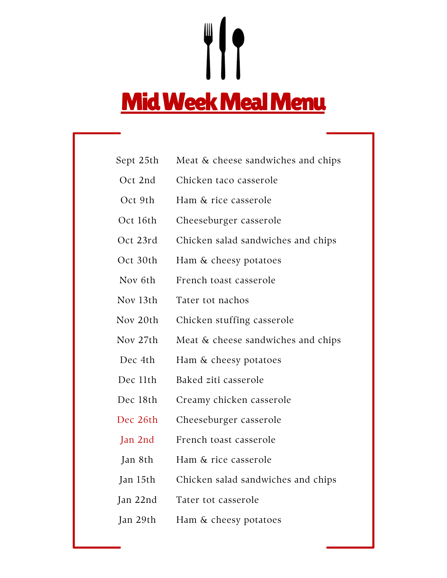 Mid-Week Meal Menu